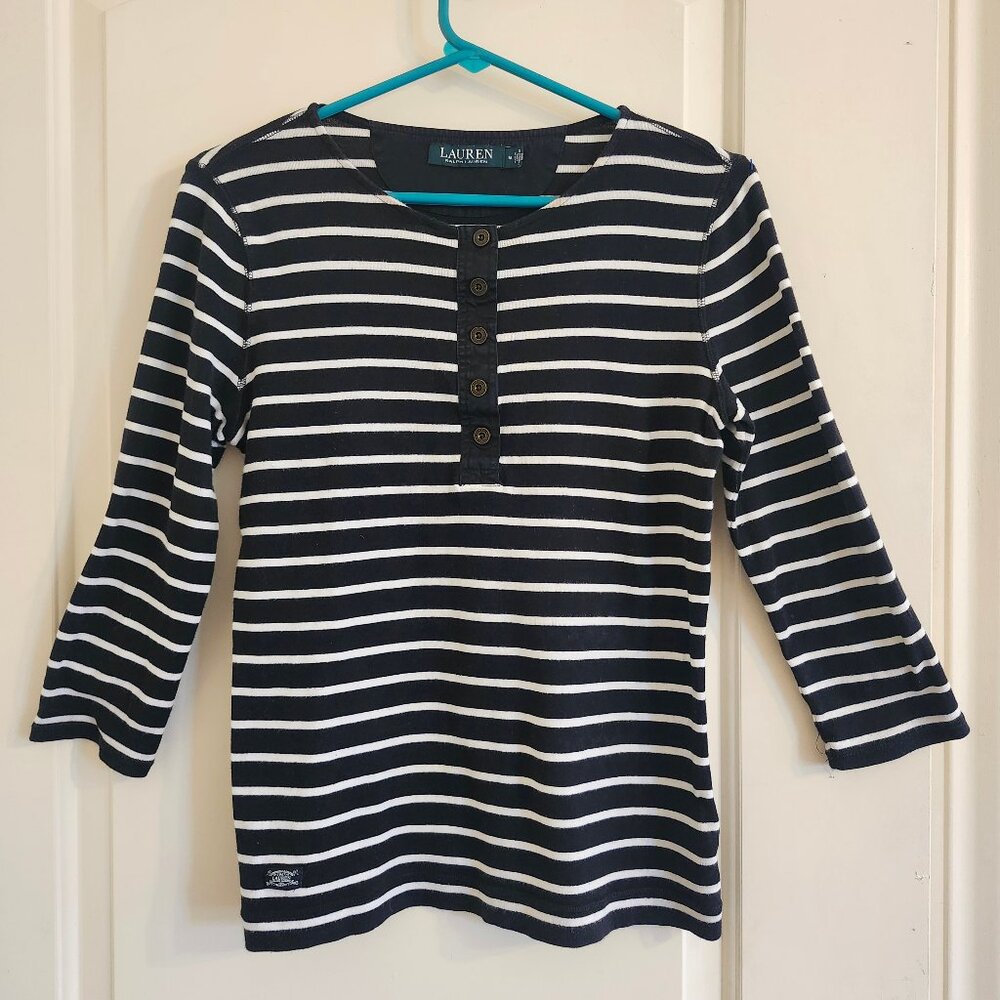 Ralph Lauren Women’s M Black White Striped Shirt 3/4 Sleeve sailing Preppy Chic